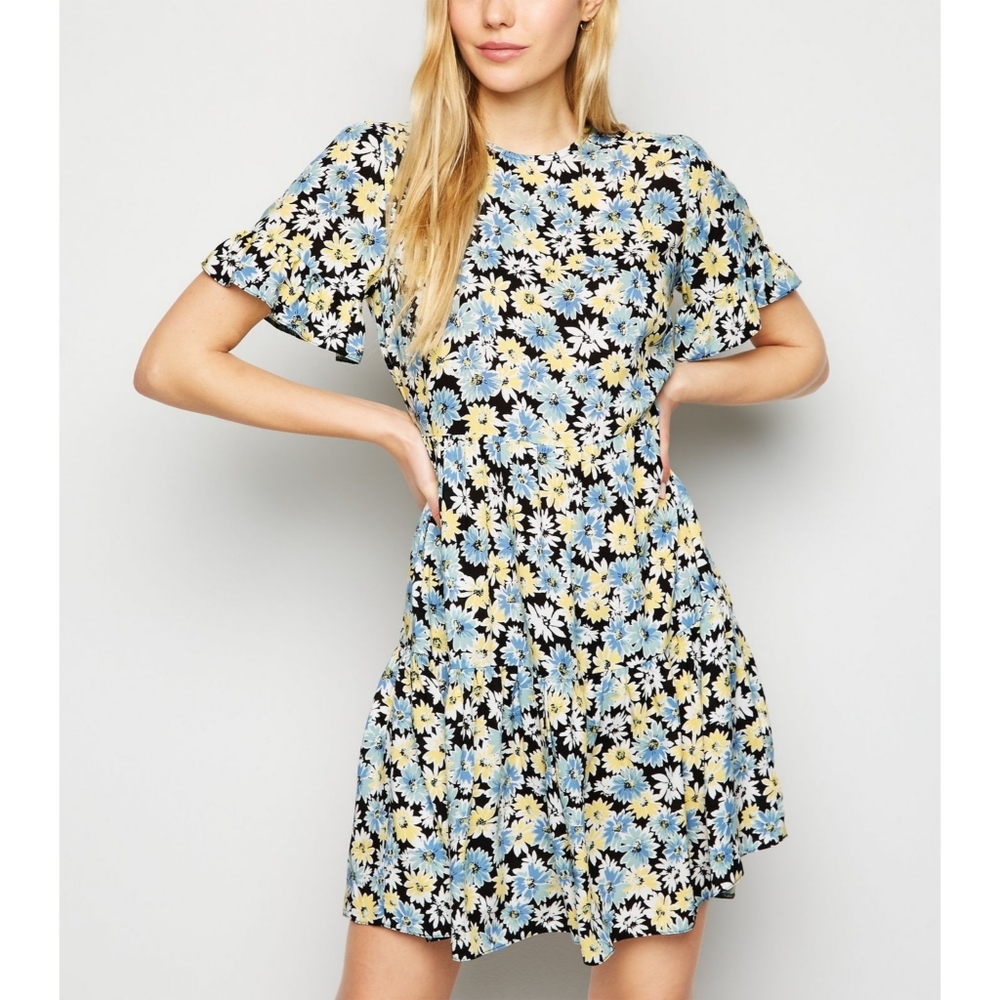 NWT New Look Black Floral Smock Frill Dress